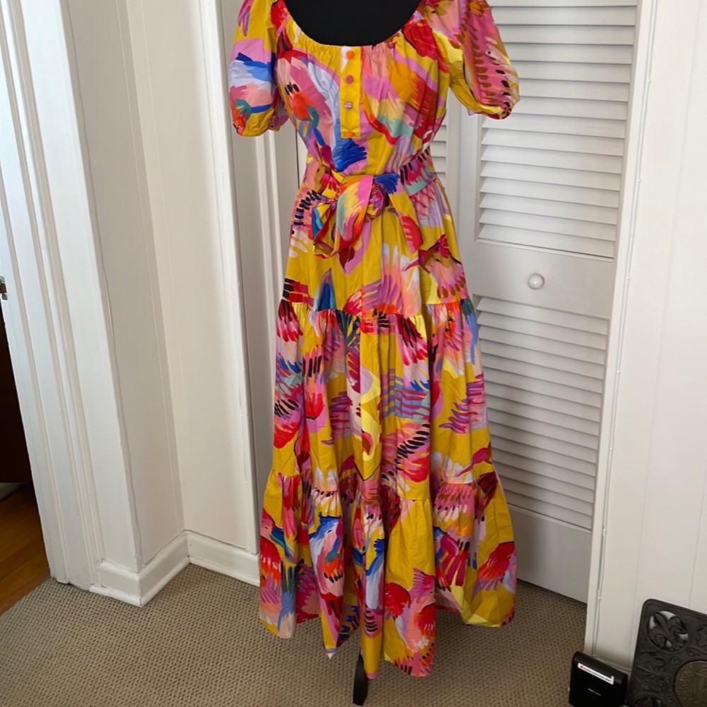 Farm Rio Neon Macaws Yellow Pink Maxi Dress